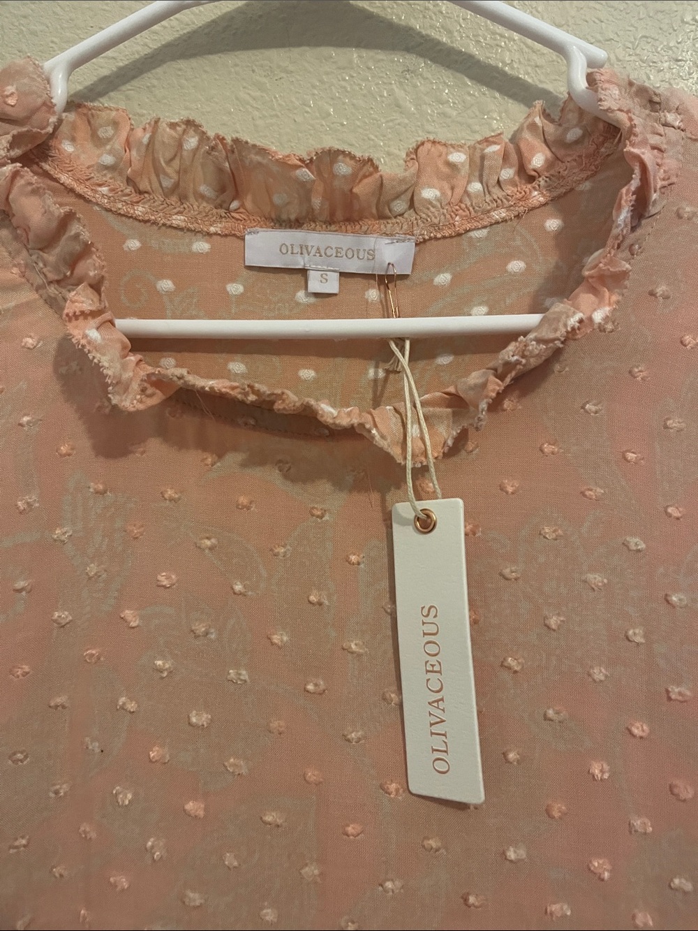 Olivaceous Peach Dot Ruffle Neck Peplum Blouse - Picture 3 of 5